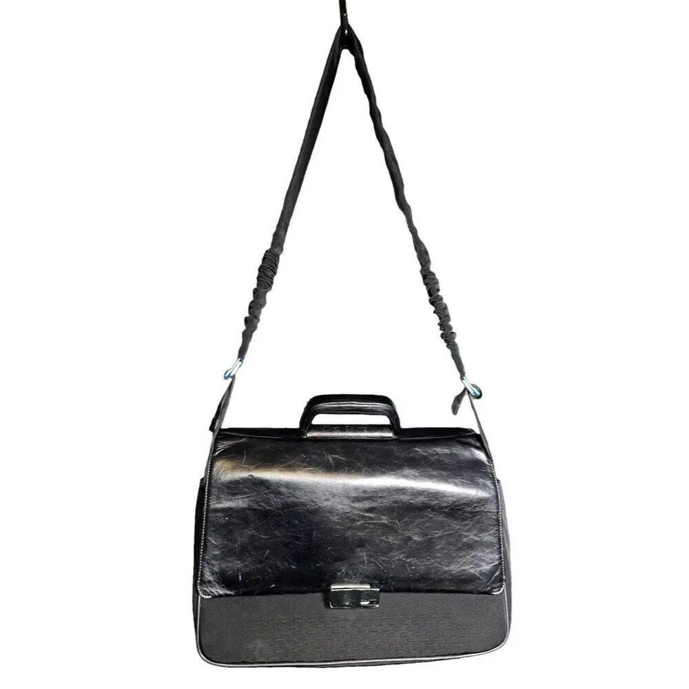 Piquadro ONE057218 Black Nylon Leather Laptop Briefcase Messenger Bag 16.5in EUC